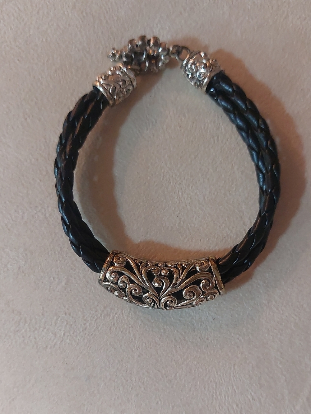 Black Braided Leather Bracelet with Ornate Silver Accent